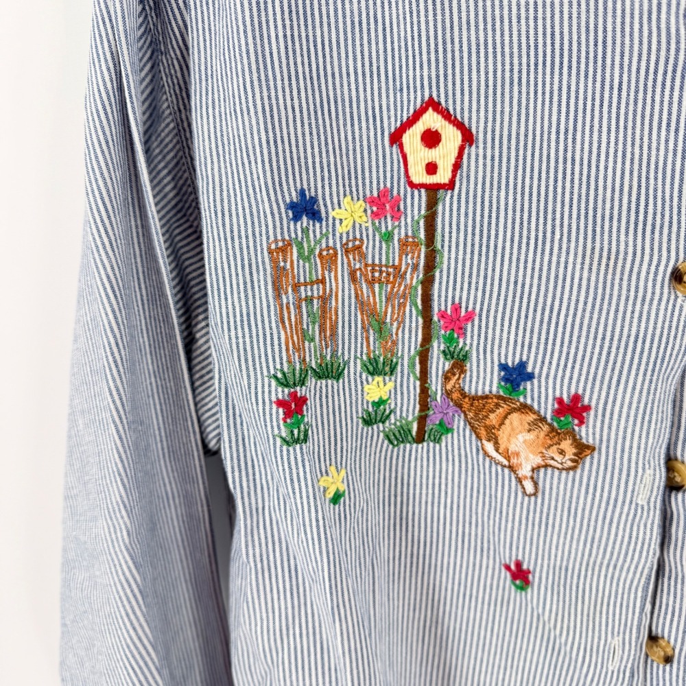 Vintage Pinstripe Embroidered Birdhouse Shirt Blue Corduroy Collar Size Small‎ - Picture 5 of 7